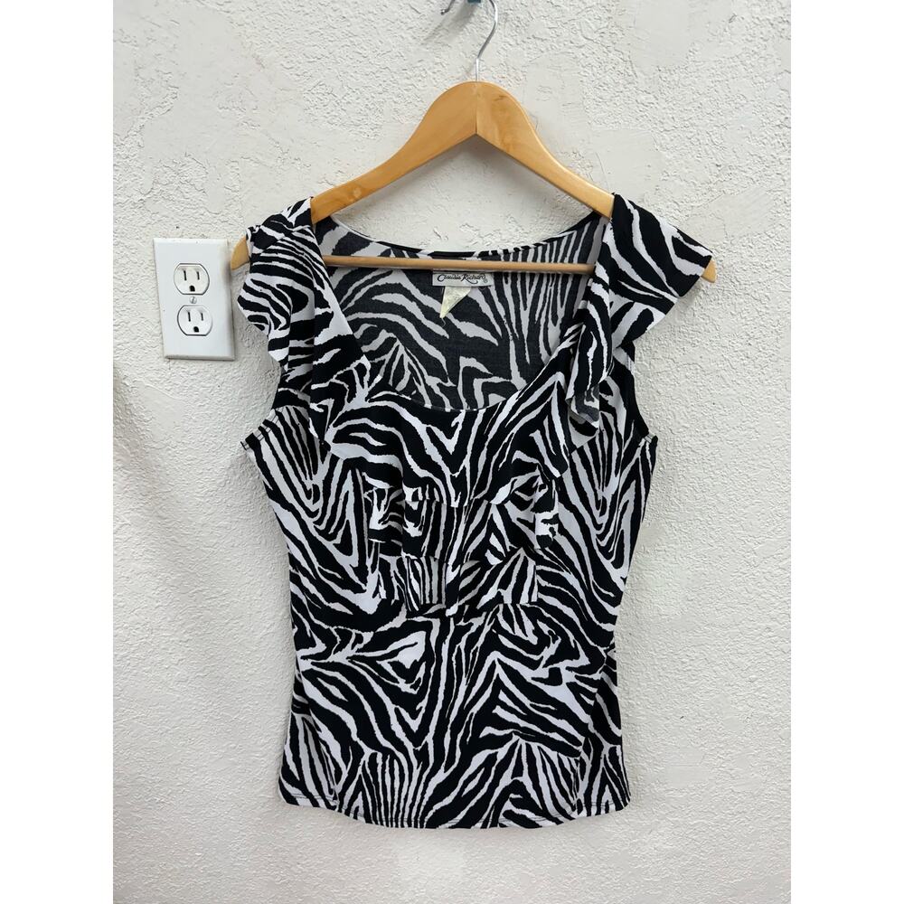Black and White Y2k Ruffled Animal Print Striped Top Medium